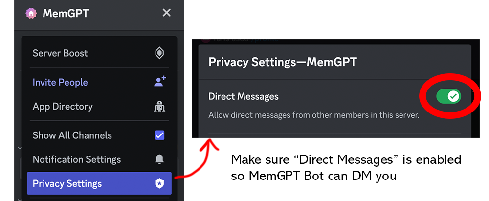 set DMs settings on MemGPT server to be open in MemGPT so that MemGPT Bot can message you