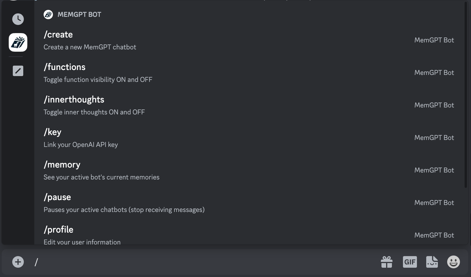 MemGPT Bot slash commands